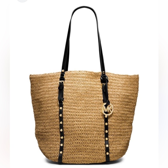 MICHAEL KORS Studded Straw Large Shopper Tote Bag 18x15”x7” Black Leather Straps - Picture 1 of 7